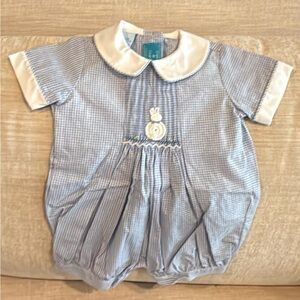 Blue Gingham Baby Bubble Romper with White Collar and Bunny Smocking